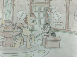 Size: 1024x760 | Tagged: safe, artist:moderndavinci, doctor whooves, time turner, pony, g4, cute, daaaaaaaaaaaw, filly, ponified, pony in a box, susan foreman, tardis, traditional art