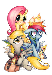 Size: 600x865 | Tagged: safe, artist:miszasta, derpy hooves, fluttershy, rainbow dash, bird, cockatiel, parrot, pegasus, pony, g4, bag, blushing, chick, cooing, delivery, female, head in hooves, mare, rainbow dash is not amused, saddle bag, unamused