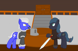 Size: 896x585 | Tagged: safe, artist:minty candy, oc, oc only, oc:night strike, oc:static charge, earth pony, pegasus, pony, fallout equestria, fallout equestria: empty quiver, clothes, duel, museum, sword, umbrella