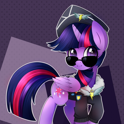 Size: 650x650 | Tagged: safe, artist:breezzie, commander easy glider, twilight sparkle, alicorn, pony, g4, testing testing 1-2-3, ancient wonderbolts uniform, clothes, female, hat, jacket, mare, solo, sunglasses, twilight sparkle (alicorn)