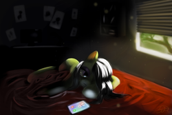 Size: 1500x1000 | Tagged: safe, artist:glukoloff, earth pony, pony, bed, bedroom, crying, dark, phone