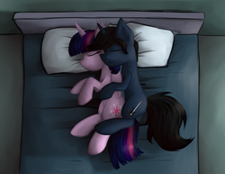 Size: 1280x987 | Tagged: safe, artist:marsminer, twilight sparkle, oc, oc:midnight song, g4, bed, canon x oc, commission, cuddling, shipping, snuggling, spooning