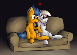 Size: 2160x1547 | Tagged: safe, artist:marsminer, oc, oc only, oc:frostburn, oc:rainy skies, couch, couple, heart, movie, together, watching