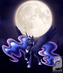 Size: 1200x1385 | Tagged: safe, artist:chubby-kirin, princess luna, alicorn, pony, g4, ethereal mane, female, lidded eyes, mare, moon, raised hoof, solo, spread wings, stars, wings