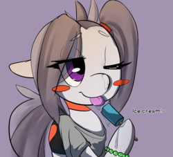 Size: 1280x1161 | Tagged: safe, artist:arkiiwarki, rumble, ask trap-rumble, g4, alternate hairstyle, ask, bracelet, choker, clothes, crossdressing, cute, dialogue, eyelashes, foal, food, ice cream, male, popsicle, sea salt ice cream, shirt, shorts, solo, tail wrap, trap, tumblr