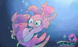 Size: 512x308 | Tagged: safe, artist:naginiko, pinkie pie, twilight sparkle, g4, 3ds, bubble, female, rescue, swimming, unconscious, underwater, water