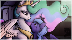 Size: 1200x675 | Tagged: dead source, safe, artist:chubby-kirin, princess celestia, princess luna, alicorn, pony, friendship is magic, g4, ethereal mane, female, lidded eyes, looking at each other, mare, redraw, royal sisters, s1 luna, scene interpretation, smiling, wings