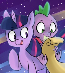 Size: 800x900 | Tagged: safe, artist:luna77899, spike, twilight sparkle, dragon, pony, g4, duo, female, male, mare, night, scroll, sky, stars