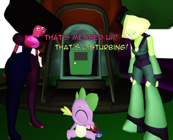 Size: 1280x1036 | Tagged: safe, artist:php74, spike, dragon, gem (race), triclops, g4, 3d, crossover, female, fusion, garnet (steven universe), gem, gem fusion, limb enhancers, male, mmd, peridot, peridot (steven universe), spike and the crystal gems, steven universe, trio