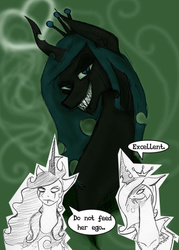 Size: 500x697 | Tagged: safe, artist:cyclops pony, artist:negativefade, princess luna, queen chrysalis, alicorn, changeling, changeling queen, pony, g4, female, metal goddess luna, paper pony, traditional art
