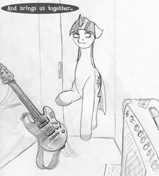 Size: 719x800 | Tagged: safe, artist:negativefade, twilight sparkle, g4, amplifier, electric guitar, female, guitar, metal goddess luna, monochrome, musical instrument, solo, traditional art