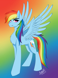 Size: 1936x2592 | Tagged: safe, artist:hayley1432, rainbow dash, pegasus, pony, g4, concave belly, female, gradient background, mare, palindrome get, solo, spread wings, wings