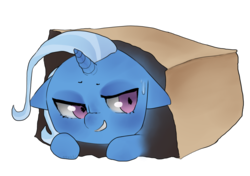 Size: 1024x721 | Tagged: safe, artist:oouichi, trixie, pony, unicorn, g4, chibi, cute, diatrixes, female, hiding, mare, paper bag, simple background, sneaky, solo, sweat, transparent background