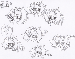 Size: 1038x820 | Tagged: safe, artist:fiji-firefox, oc, oc only, ..., blushing, bust, cutie mark, dialogue, glasses, looking at you, monochrome, open mouth, sketch, smiling