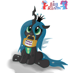 Size: 2080x2248 | Tagged: safe, artist:bigrinth, queen chrysalis, changeling, changeling queen, g4, basket, cute, cutealis, female, high res, mouth hold, sign, simple background, solo, transparent background