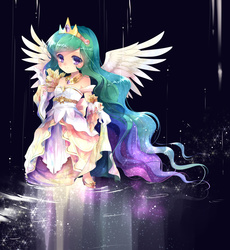 Size: 3500x3800 | Tagged: safe, artist:rurucreations, princess celestia, human, g4, anime, chibi, clothes, colored pupils, crown, cute, cutelestia, dress, female, gloves, humanized, jewelry, off shoulder, regalia, solo, spread wings, winged humanization, wings