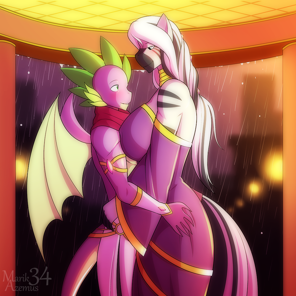 936699 - suggestive, artist:marik azemus34, spike, zecora, saddle arabian,  zebra, anthro, g4, alternate hairstyle, amazon, bedroom eyes, big breasts,  blushing, breasts, busty zecora, clothes, dragon on zebra action, female,  gem, height difference,
