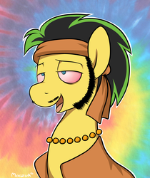 Size: 3000x3571 | Tagged: safe, artist:moozua, idw, flax seed, earth pony, pony, g4, bloodshot eyes, drugs, high, high res, hippie, portrait, solo