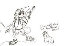 Size: 1290x934 | Tagged: safe, artist:fluffsplosion, fluffy pony, inkling, confused, fluffy pony drowns, glare, impending doom, monochrome, open mouth, sketch, smarty friend, splatoon, splattershot, stupidity, this will end in ink, this will end in splat, this will end in tears and/or death