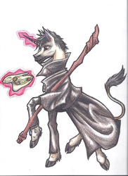 Size: 2295x3156 | Tagged: safe, artist:kt, pony, unicorn, bob the skull, commission, crossover, dresden files, harry dresden, high res, male, ponified, solo, traditional art, wizard