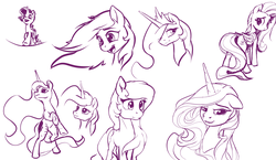 Size: 3048x1769 | Tagged: safe, artist:nadnerbd, fluttershy, princess celestia, princess luna, rarity, g4, folded wings, hair over one eye, long mane, long tail, monochrome, open mouth, peytral, sketch, sketch dump, slender, smiling, tail, thin, underhoof, windswept mane, wings