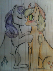 Size: 1024x1365 | Tagged: safe, artist:beth-is-a-dolphin, applejack, rarity, earth pony, pony, unicorn, g4, blushing, duo, female, kiss on the lips, kissing, lesbian, lined paper, mare, ship:rarijack, shipping, sketch, traditional art