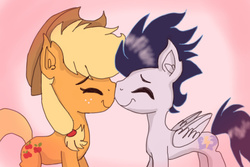 Size: 600x400 | Tagged: safe, artist:rainbownightfury, applejack, soarin', g4, cute, female, male, nuzzling, ship:soarinjack, shipping, straight