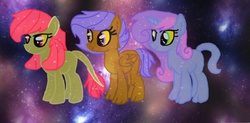 Size: 600x294 | Tagged: safe, apple bloom, scootaloo, sweetie belle, g4, adoptable, group, scootursa, space, ursa ponies, ursa pony, ursabelle, ursabloom