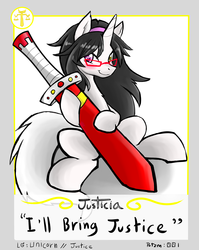 Size: 1665x2090 | Tagged: safe, artist:potzm, oc, oc only, oc:justicia, pony, unicorn, blushing, card, doodle, glasses, solo, sword