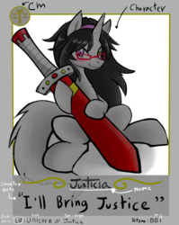 Size: 1665x2090 | Tagged: safe, artist:potzm, oc, oc only, oc:justicia, pony, unicorn, blushing, card, doodle, explanation, glasses, solo, sword