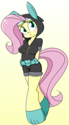 Size: 1498x2700 | Tagged: safe, artist:bluerainbow01, fluttershy, pegasus, anthro, unguligrade anthro, g4, blushing, bunny ears, clothes, costume, cute, dangerous mission outfit, female, gradient background, hoodie, simple background, solo, yellow background