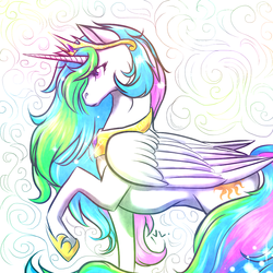 Size: 1000x1000 | Tagged: safe, artist:sn0wy18, princess celestia, alicorn, pony, g4, abstract background, cutie mark, female, horn, jewelry, raised hoof, regalia, solo, wings