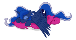 Size: 3589x1911 | Tagged: safe, artist:xwhitedreamsx, princess luna, alicorn, pony, g4, cute, eyes closed, female, mare, pillow, simple background, sleeping, smiling, solo, white background