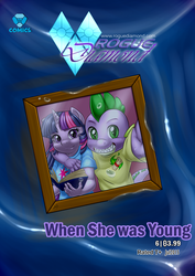 Size: 1024x1448 | Tagged: safe, artist:pia-sama, spike, twilight sparkle, anthro, comic:rogue diamond, g4, bitcoin, book, comic cover, cryptocurrency, picture, picture frame, selfie, water, younger