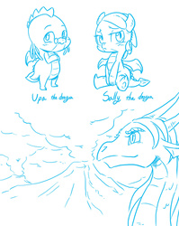 Size: 1024x1285 | Tagged: safe, artist:mrs1989, oc, oc only, oc:sally the dragon, oc:upa the dragon, dragon, doodle, monochrome, volcano