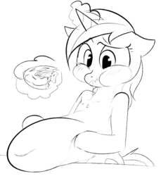 Size: 431x471 | Tagged: safe, artist:dotkwa, minuette, pony, g4, belly, big belly, blushing, chubby, donut, eating, fat, female, grayscale, gut rest, magic, monochrome, solo, stuffing, table, telekinesis