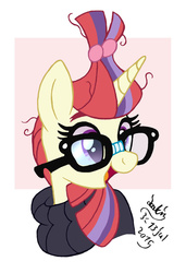 Size: 890x1300 | Tagged: safe, artist:joakaha, moondancer, pony, amending fences, g4, bust, clothes, cute, dancerbetes, female, glasses, happy, messy mane, open mouth, portrait, shirt, smiling, solo, sweater