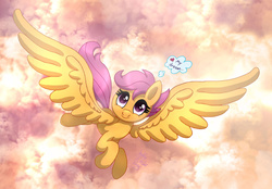 Size: 2870x2000 | Tagged: safe, artist:joakaha, scootaloo, do princesses dream of magic sheep, g4, dream, female, flying, high res, scootaloo can fly, smiling, solo, spread wings