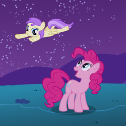 Size: 512x512 | Tagged: safe, artist:ilonis, artist:quasdar, edit, screencap, alula, pinkie pie, pluto, g4, flying, night, pun