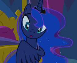 Size: 990x810 | Tagged: safe, screencap, princess luna, alicorn, pony, do princesses dream of magic sheep, g4, season 5, :o, animated, bed, bedroom, cropped, cute, female, hair pulling, head tilt, looking at you, lunabetes, mane, solo, stare, surprised, tugging, twilight's castle, wide eyes