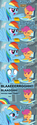 Size: 1120x3780 | Tagged: safe, artist:beavernator, rainbow dash, scootaloo, pegasus, pony, g4, all glory to the beaver grenadier, baby, baby pony, baby scootaloo, babysitting, bowl, chair, comic, cute, cutealoo, dialogue, feeding, female, foal, highchair, mare, mustard, rainbow dumb, speech bubble, spoon, younger