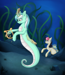 Size: 2000x2300 | Tagged: safe, artist:mailner, bon bon, lyra heartstrings, sweetie drops, merpony, g4, blushing, duo, heart eyes, high res, lyre, magic, seapony bon bon, seapony lyra, species swap, telekinesis, underwater, wingding eyes