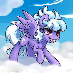 Size: 1500x1500 | Tagged: safe, artist:kp-shadowsquirrel, cloudchaser, pegasus, pony, g4, cloud, cloudy, female, grin, mare, raised hoof, smiling, solo, spread wings, wings