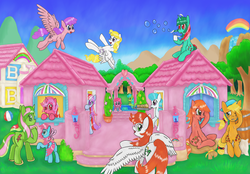 Size: 3033x2115 | Tagged: safe, artist:fameng, applejack (g1), baby cuddles, cherries jubilee, cupcake (g1), fizzy, galaxy (g1), mimic (g1), north star (g1), paradise, sea rider, sea shimmer, surf rider, surprise, sweet stuff, pony, sea pony, g1, g4, adoraprise, ball, beach ball, blueberry muffin (food), both cutie marks, bubble, cherries cuteilee, cuddlebetes, cute, cutie shimmer, fizzybetes, flying, food, g1 cupcakebetes, g1 jackabetes, g1 to g4, galaxydorable, generation leap, golden horseshoes, high res, lullabye nursery, mimicbetes, muffin, northabetes, one eye closed, open mouth, open smile, paradawwse, paradise estate, rainbow, ribbon, rooftop, sitting, smiling, surfabetes, sweat, sweet sweet stuff, swimming pool, traditional art