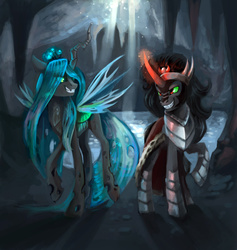 Size: 1000x1055 | Tagged: safe, artist:dearmary, king sombra, queen chrysalis, changeling, changeling queen, pony, unicorn, g4, armor, cave, crown, duo, fangs, female, glowing horn, horn, jewelry, regalia, water