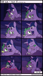 Size: 1042x1829 | Tagged: safe, artist:dsana, spike, twilight sparkle, alicorn, pony, g4, bed, comic, cuddling, cute, drool, female, frown, hug, magic, mama twilight, mare, night, on side, scared, smiling, snuggling, spikelove, telekinesis, twilight sparkle (alicorn), unamused, wink, yawn