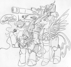 Size: 954x900 | Tagged: safe, artist:negativefade, philomena, princess celestia, princess luna, phoenix, g4, armor, baneblade, crossover, indrick boreale, microphone, monochrome, power armor, space marine, stereo, sunglasses, tank (vehicle), traditional art, warhammer (game), warhammer 40k