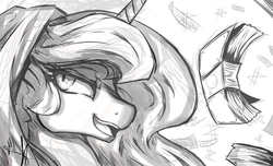 Size: 4092x2480 | Tagged: safe, artist:nxyde, princess luna, alicorn, pony, g4, female, grayscale, looking back, money, monochrome, sketch, smiling, solo