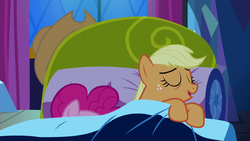 Size: 1280x720 | Tagged: safe, screencap, applejack, pinkie pie, pony, do princesses dream of magic sheep, g4, bed, out of context, pillow