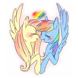 Size: 684x684 | Tagged: safe, artist:pasikon, fluttershy, rainbow dash, pegasus, pony, g4, blushing, bust, duo, eyes closed, facing each other, female, heart, lesbian, mare, open mouth, open smile, profile, raised hoof, ship:flutterdash, shipping, simple background, smiling, spread wings, white background, wings